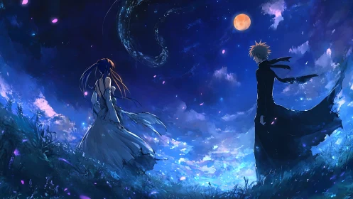 Two figures stand under vivid night sky and moon.