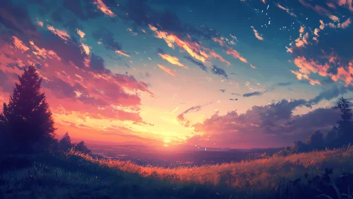 Sunset over grassy hill with distant valley view.