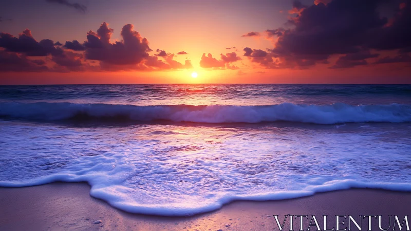 Vibrant ocean sunset casts warm light across tranquil shore