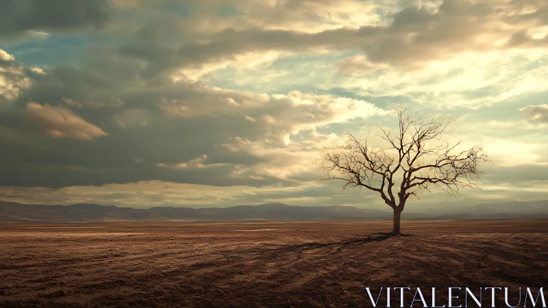 Lone Tree in Desert Landscape under Dramatic Cloudy Sky.