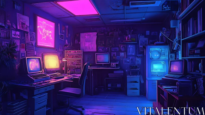 Retro hacker workstation under neon magenta blue glow.
