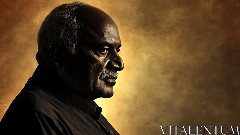 Elderly man in profile under warm dramatic rim lighting.