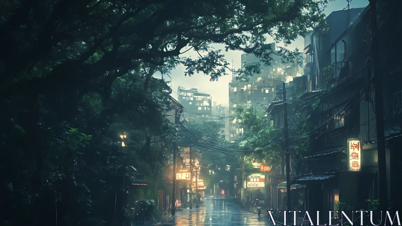 Quiet rainy alley where neon and soft greenery glow together.
