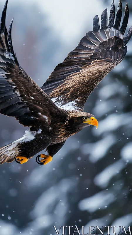 Photorealistic eagle in dynamic winter flight composition.