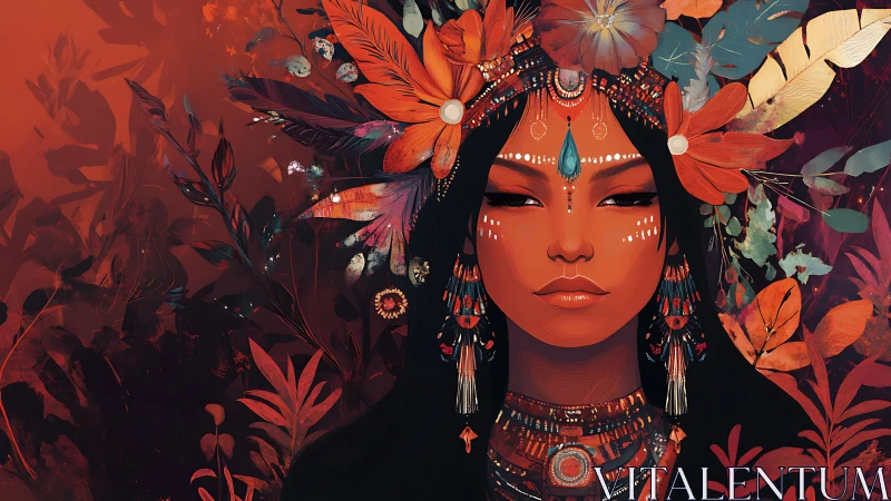 Regal woman with floral headdress dominates warm botanicals