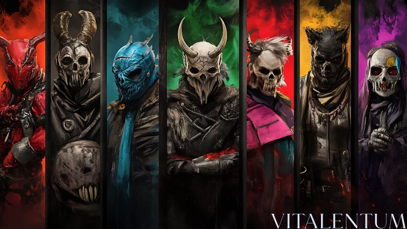 Colorful masked rogues gathered in a bold, dramatic lineup.