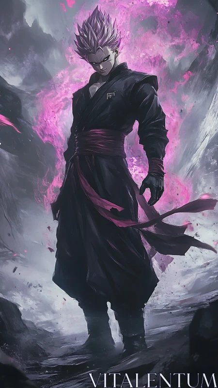 Dark-robed anime warrior amid magenta spectral energy storm.
