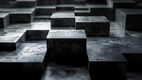 Tiered metallic cubes with rough reflective surfaces in grayscale