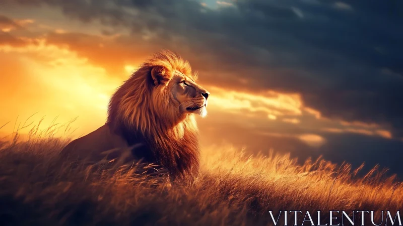 Backlit male lion in rim-lit savanna grass under storm sky