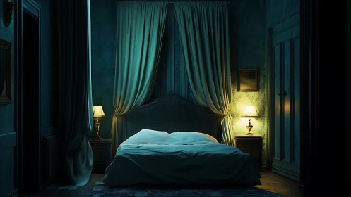 Moody bedroom interior uses dual warm lamps and cool ambient fill