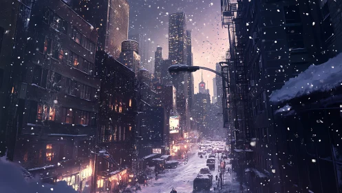 Dense winter city canyon illuminated by mixed artificial light sources