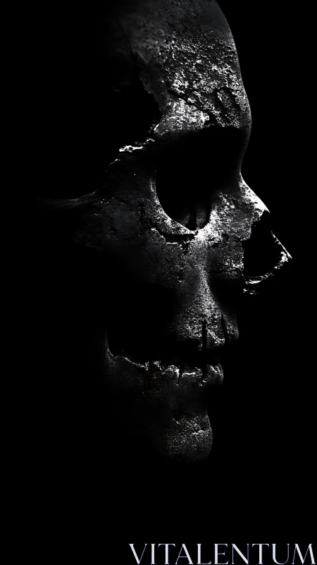 Eroded metallic skull profile rendered in high-contrast chiaroscuro