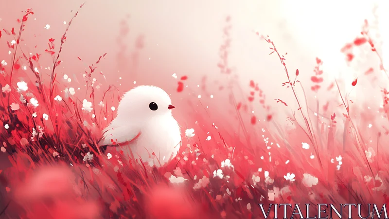 White Bird Rest in Pink Wildflower Meadow