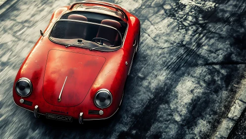 Red vintage roadster rendered on wet textured asphalt surface