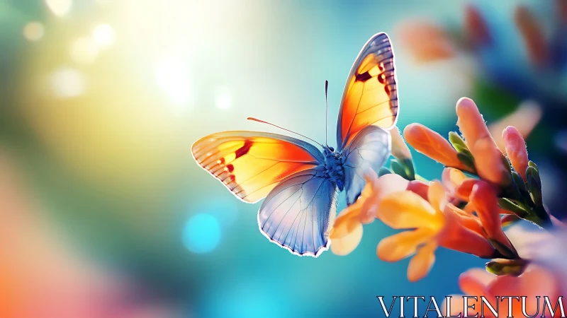 Delicate butterfly rests on soft blossoms in glowing light