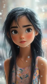 High-fidelity anime portrait of girl in soft snowfall ambiance.