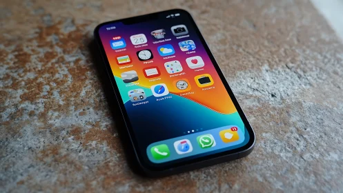 iPhone displaying vibrant iOS home screen with app icons