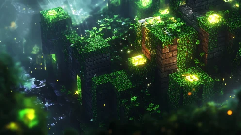 Luminous Moss Towers: Glow-Draped Ruins in Verdant Silence.