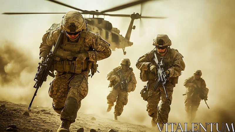 Armed soldiers advancing from helicopter in dusty terrain.