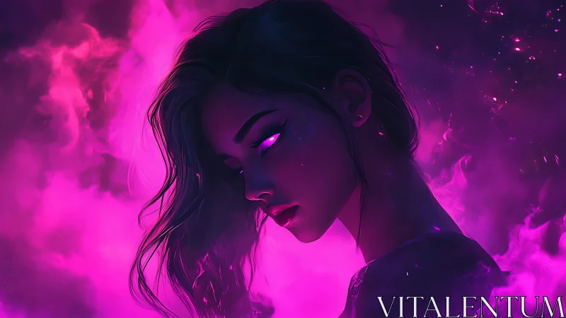 Neon-lit female portrait with magenta volumetric fog and glowing eyes