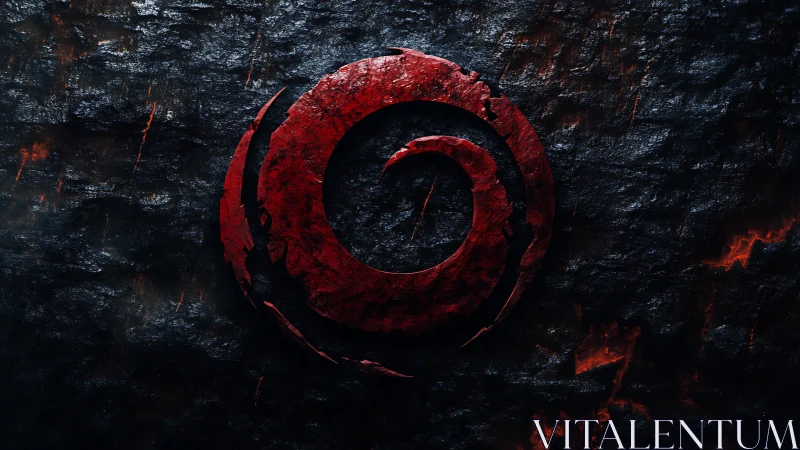 Red circular spiral emblem on dark cracked rock surface.