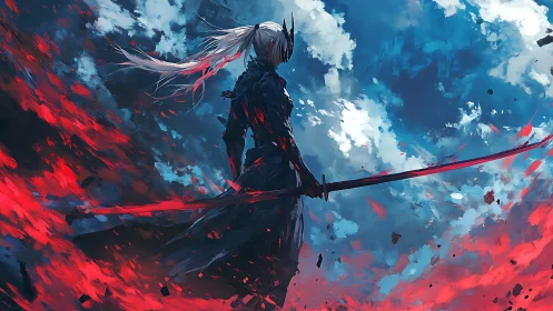 Lone swordsman stands in red storm under vivid sky.