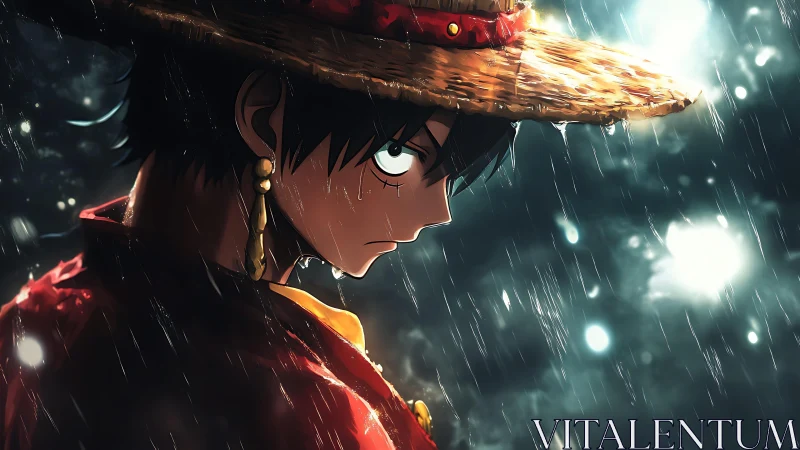 Stormlit wanderer gazes ahead with quiet, unshaken resolve