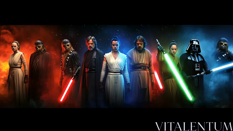 Iconic Jedi and Sith lineup rendered in cinematic digital lighting