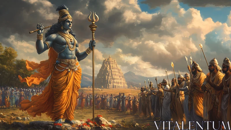 Blue divine warrior leads golden-robed procession at temple