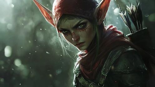 Brooding elven ranger in bloodstained hooded armor portrait.