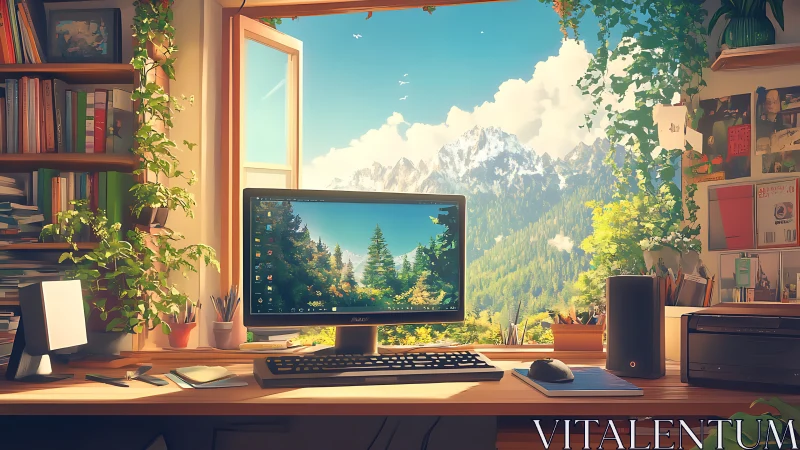 Digital workspace overlooks sunlit alpine mountainscape window