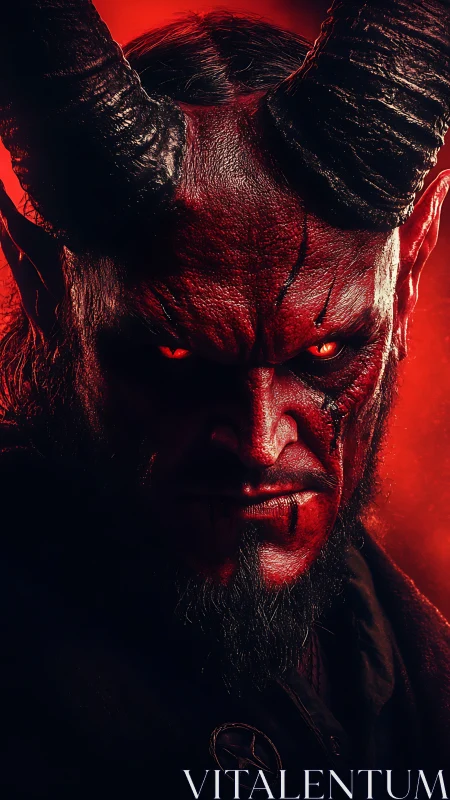 Demonic horned portrait under crimson infernal light.
