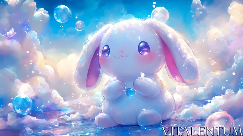 Pastel cloud bunny holds glowing bubble in dreamscape.