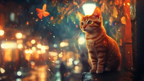 Orange tabby cat positioned on surface amid urban rain scene.