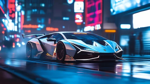 Sleek hypercar slicing through neon soaked cyberpunk avenue.