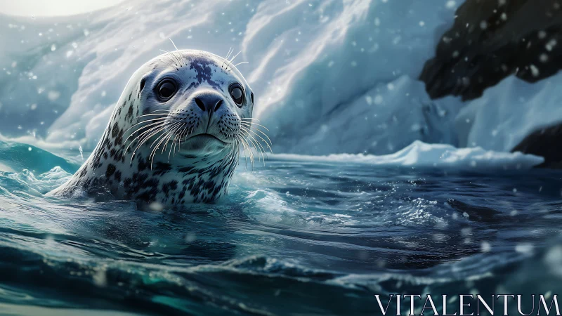 Curious spotted seal swims through icy polar waters.