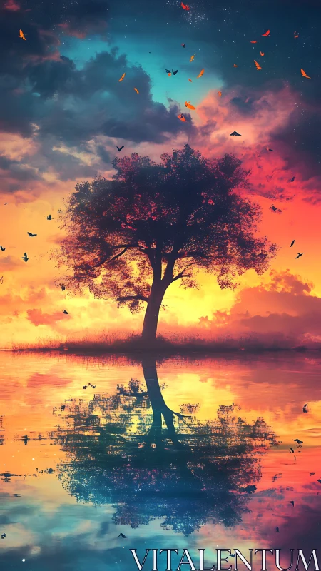 Solitary tree reflects in vivid multicolored sunset lake