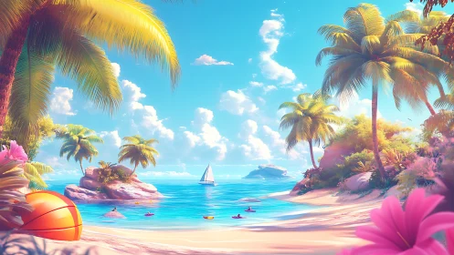 Rendered tropical beach scene with stylized palm trees and sailboat