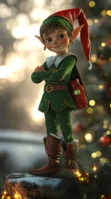 3D holiday elf character on forest log with ornaments.