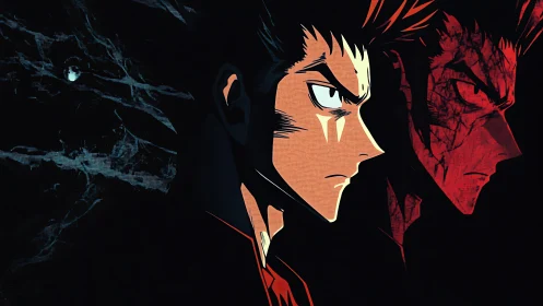 Dual anime profile portrait in blue red chiaroscuro lighting.