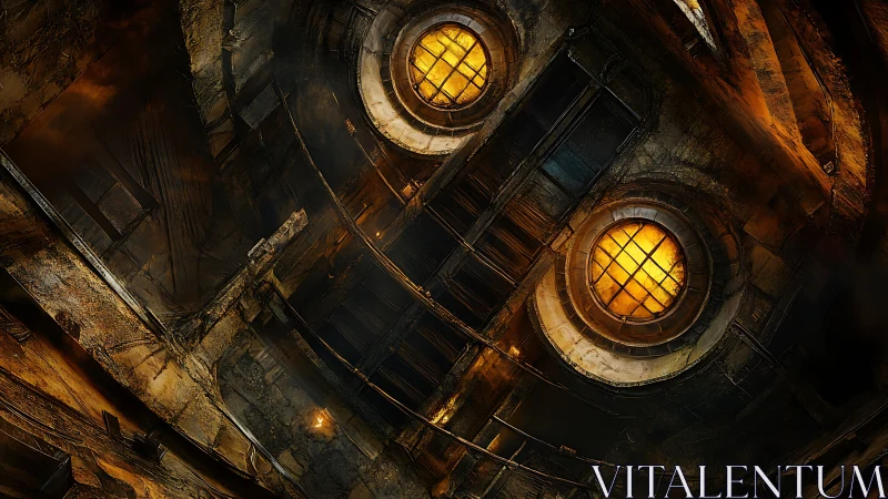 Industrial oculus shaft interior with warm radial lighting design.