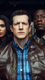 Three people stand closely framed with serious expressions