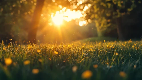 Golden sunrise glows through meadow grass in tranquil park