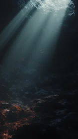 Subterranean cavity with light shafts and faint molten glow.