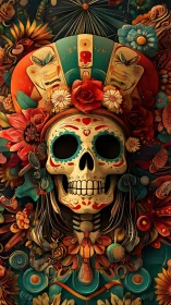 Colorful sugar skull portrait framed by ornate flowers.