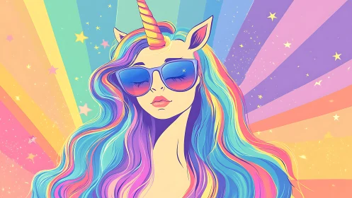 Cool rainbow unicorn with star-splashed retro flair.
