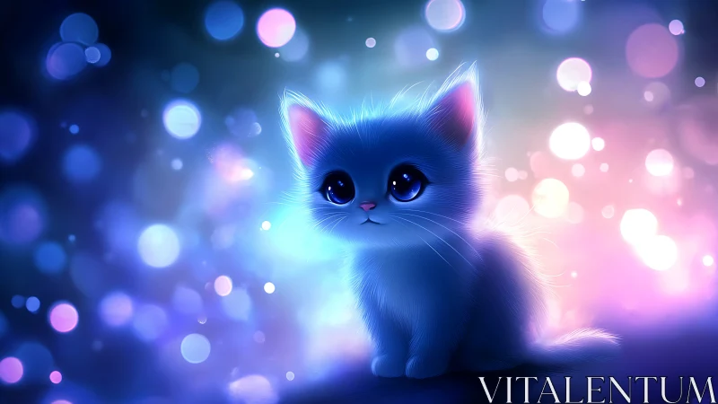Ethereal Blue Kitten Glowing in Dreamy Bokeh Light.