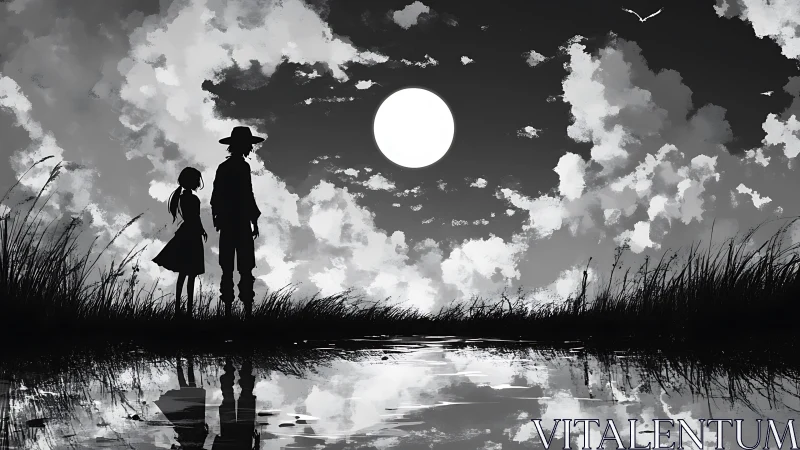 Moonlit silhouettes trading secrets above the still water.