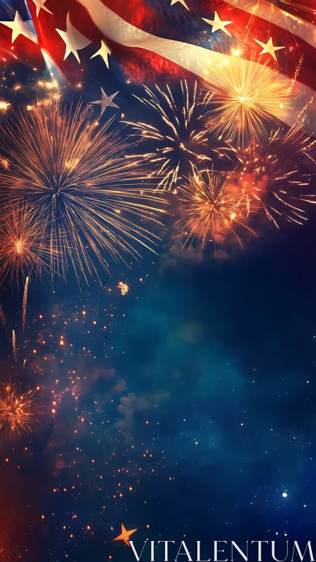 Fireworks crown a drifting flag in a glowing night sky