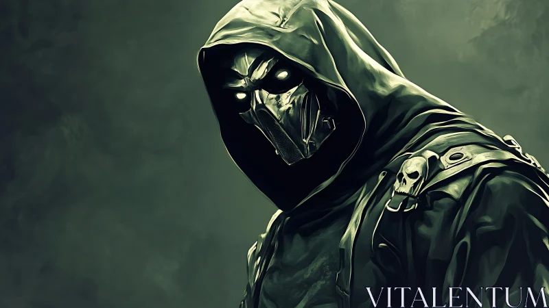 Shadowed hooded warrior stands ready in eerie green light